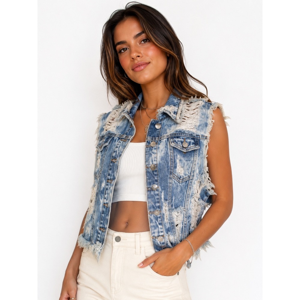 BU Denim Vest Womens Size M Blue Acid Wash Distressed Studded Punk Grunge USA
